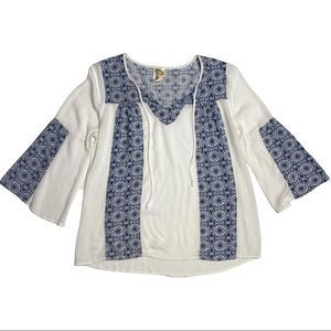 Fig and Flower Anthro White Blue Gauzy Bell-Sleeves Peasant Boho Top Large